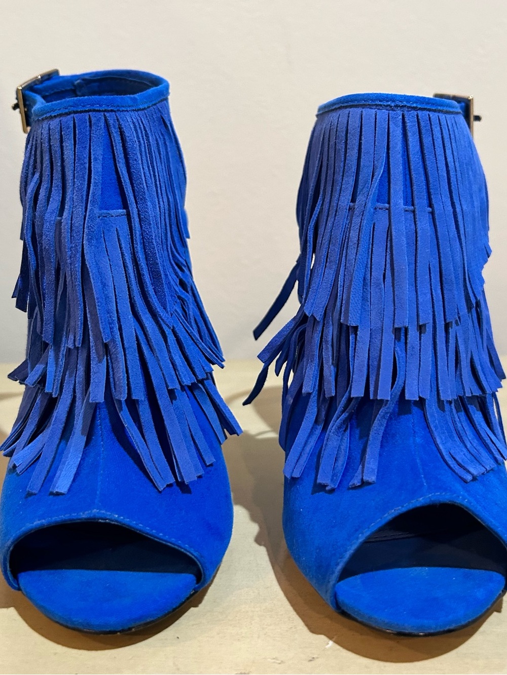 TOPSHOP Blue Suede Fringe Peep-Toe Ankle Boots - Women